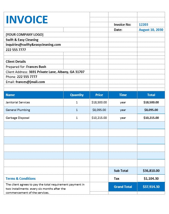 Blank Cleaning Service Invoice Template PSD template